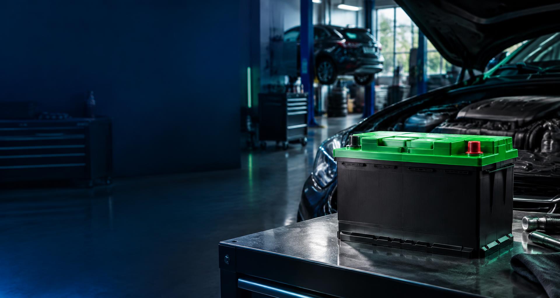 Imagem ilustrativa de uma bateria automotiva ao lado de um carro
